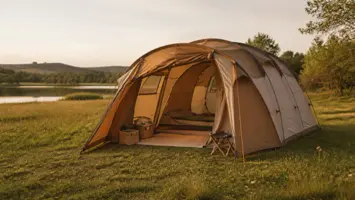 Romslig frittstående kuppeltelt for familien på en grønn campingplass