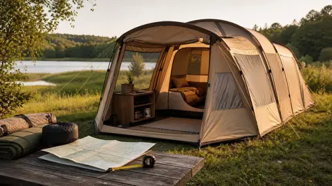 Familietelt med campingutstyr og kart lagt frem for planlegging