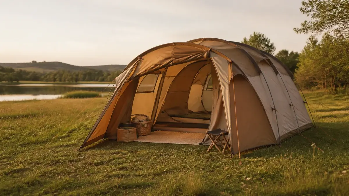 Romslig frittstående kuppeltelt for familien på en grønn campingplass
